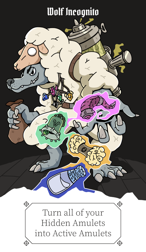 The Wolf Incognito — a wolf wearing a goat's fleece, holding stolen amulets
